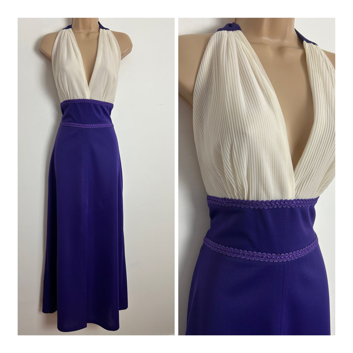 Vintage 1970s Size 10 Purple & White Plisse Pleated Halter Style Braid Trim Occasion Maxi Dress