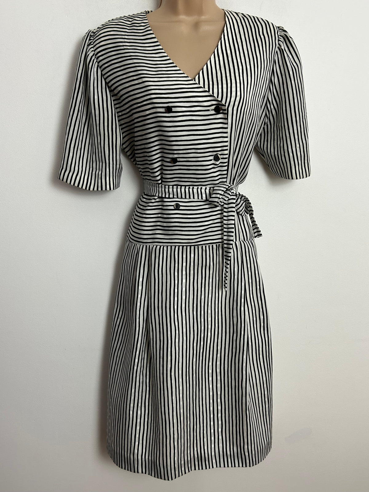 Vintage 1980s Designer GIVENCHY EN PLUS Size 14 Black & White Stripe Belted Pleated Day Dress
