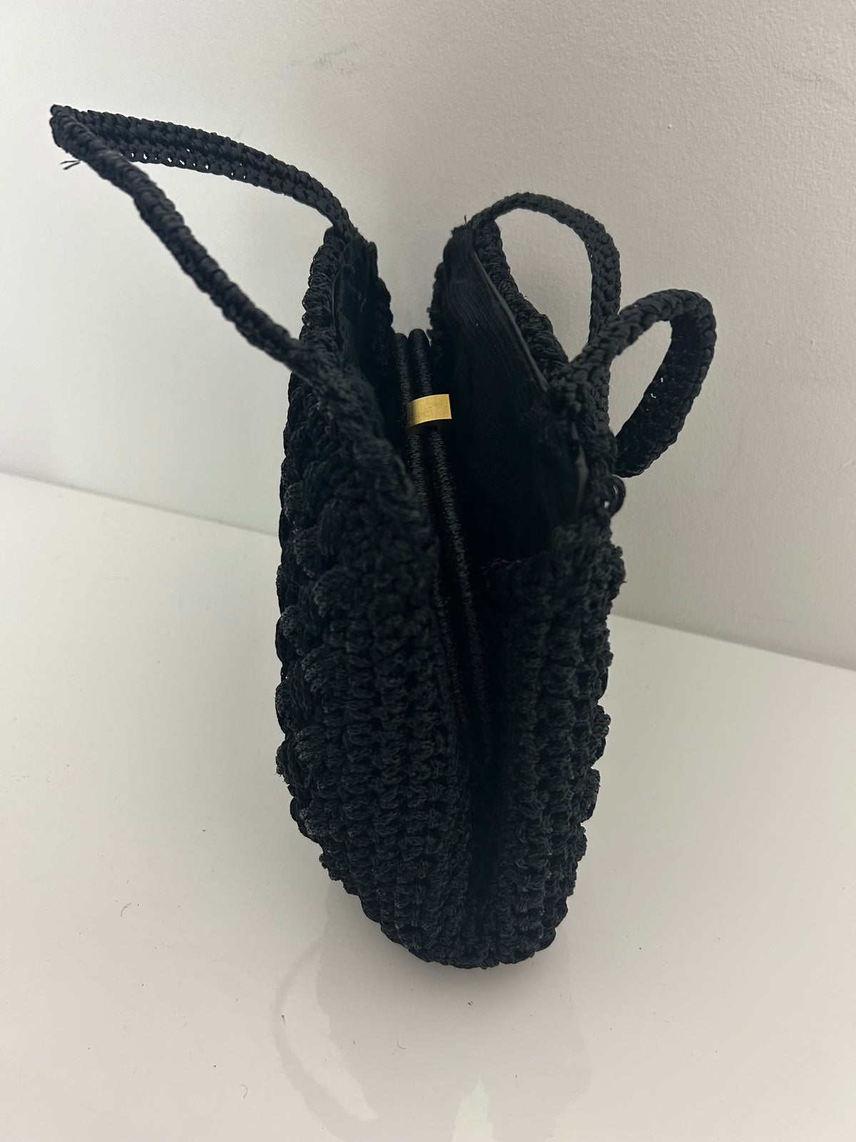 Vintage 1960s Gorgeous Black Crochet Woven Style Top Handle Kelly Style Handbag