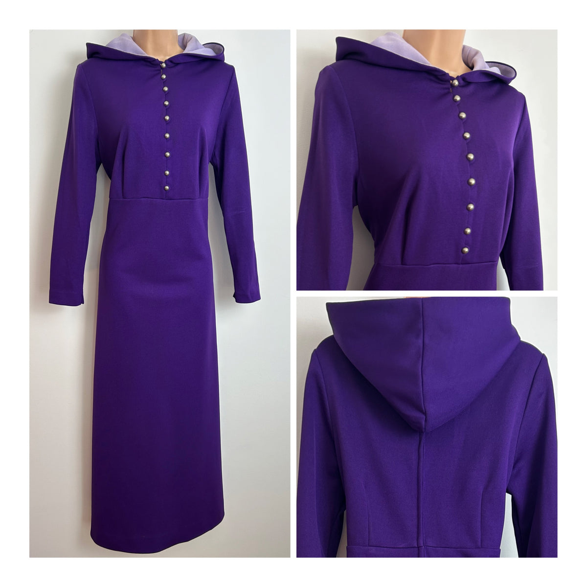 Vintage 1970s HENRIQUES OF LONDON Size 14 Purple Hooded Long Sleeve Maxi Dress