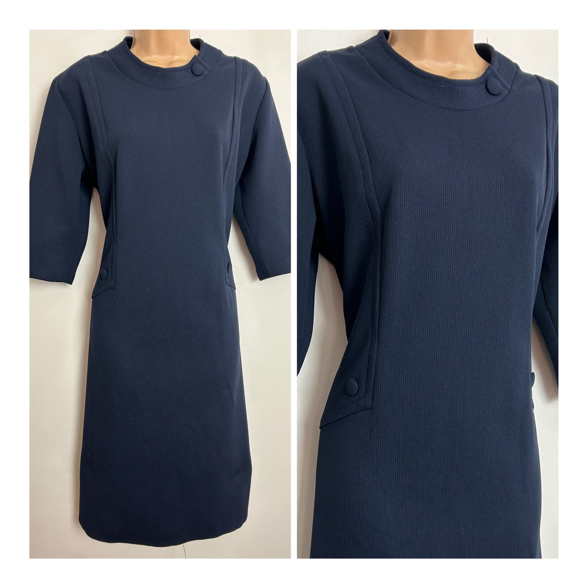 Vintage 1960s UK Size 16 Dark Midnight Blue Ribbed 3/4 Sleeve Mod Shift Dress