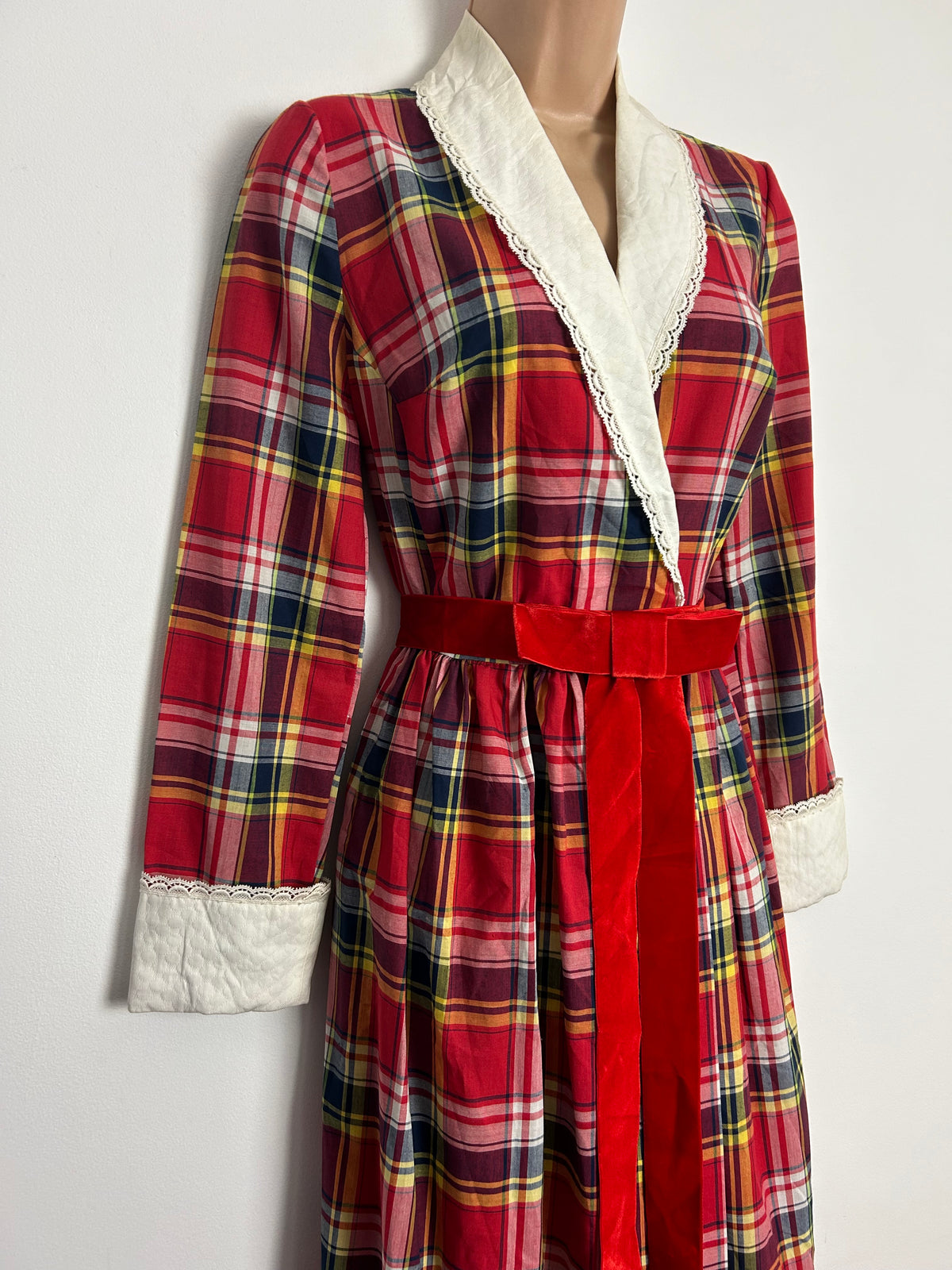 Vintage 1970s FURSTENBERG UK Size 10 Red Tartan Check Removeable Collared Full Wrap Belted Maxi Dress