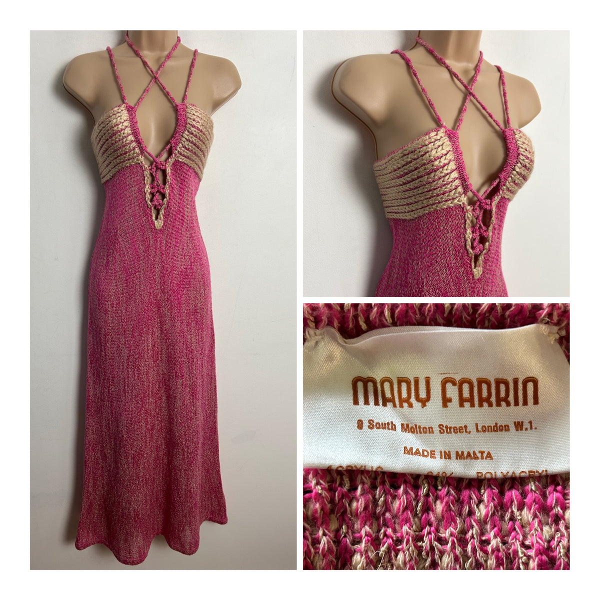 Vintage 1970s MARY FARRIN UK Size 8 Pink & Beige Strappy Lace Up Front Linen Mix Knitted Maxi Dress
