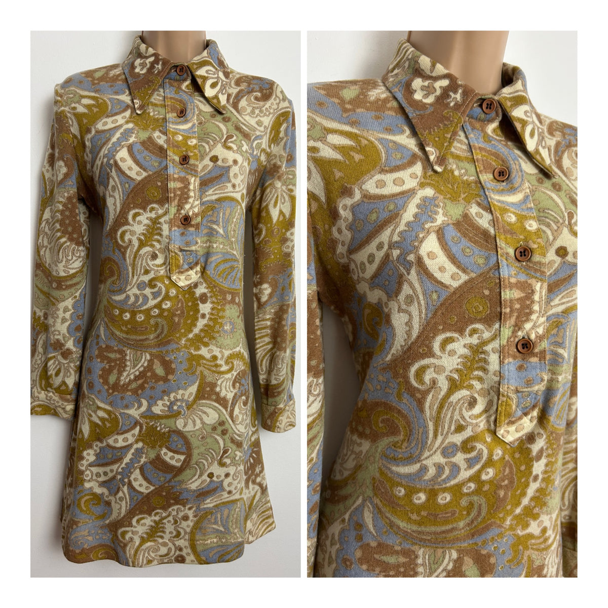 Vintage 1960s GASTON JAUNET Size 12-14 Brown Cream Blue & Pale Green Paisley Wool Mix Mod Shift Dress