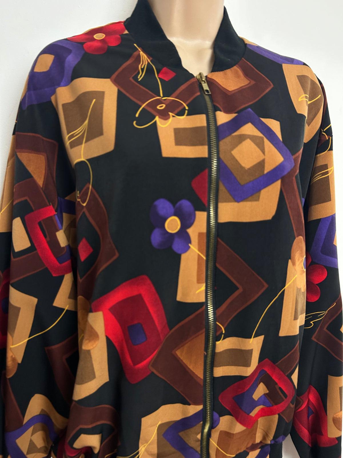 Vintage 1980s Size 12 Black Brown Red Purple Abstract Geo Print Bomber Jacket