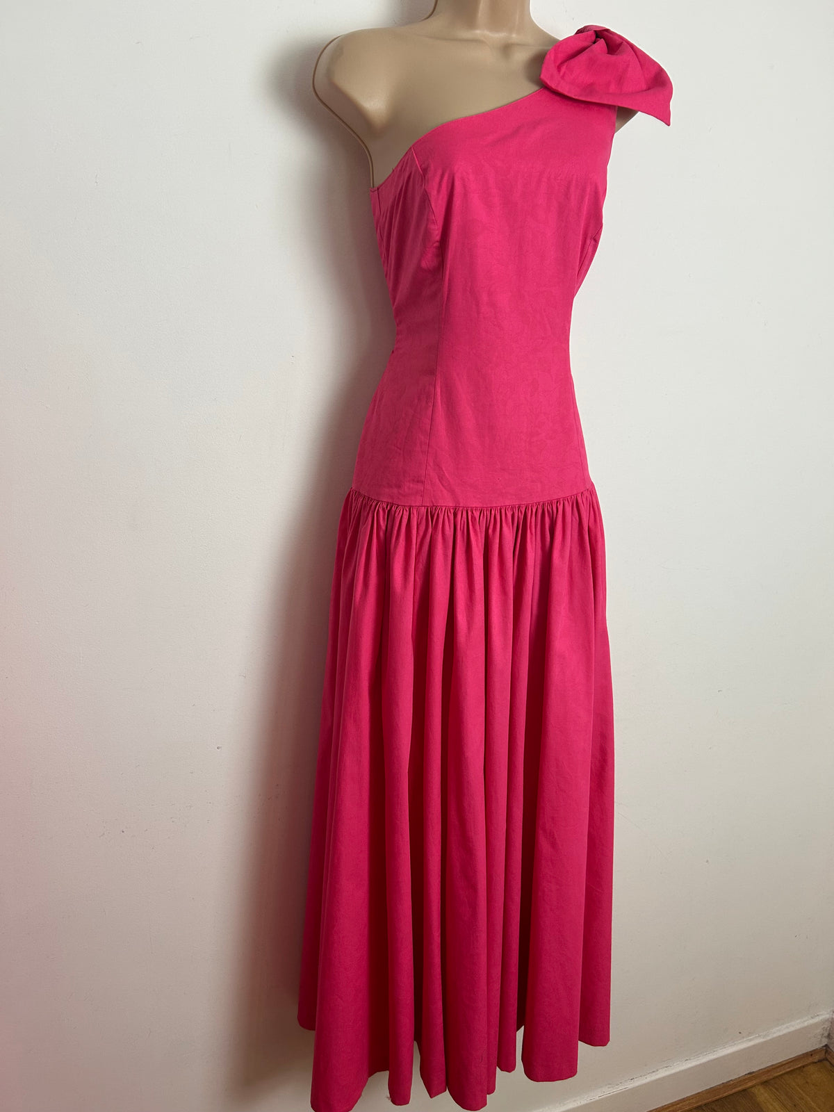 Vintage 1980s LAURA ASHLEY Size 8 (Size 12 On Label) Candy Pink One Shoulder Bow Detail Maxi Dress