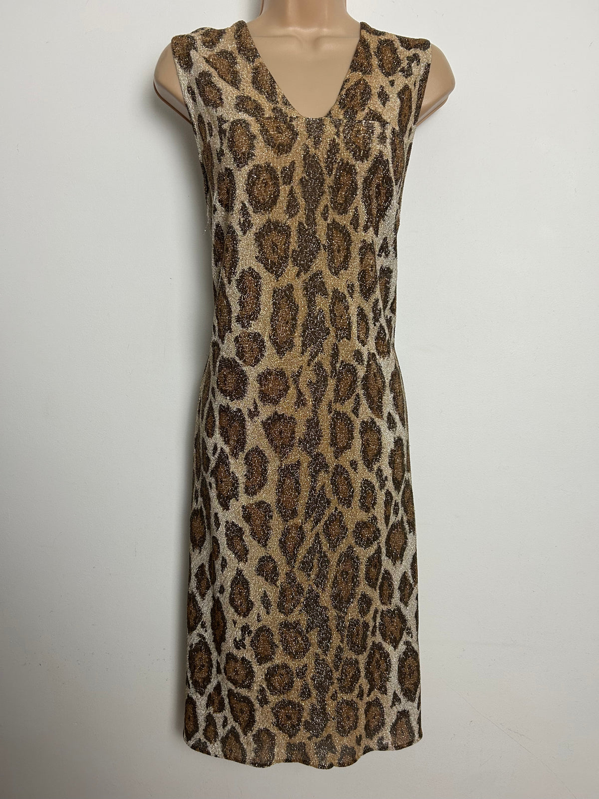 Vintage 1970s Size 12 Brown & Gold Leopard Print Lurex Sleeveless Shift Dress