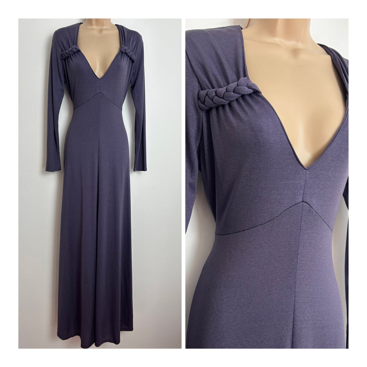 Vintage 1970s SHELANA Size 12 Mauve Grey Long Sleeve Plaited Detail Long Sleeve Maxi Dress