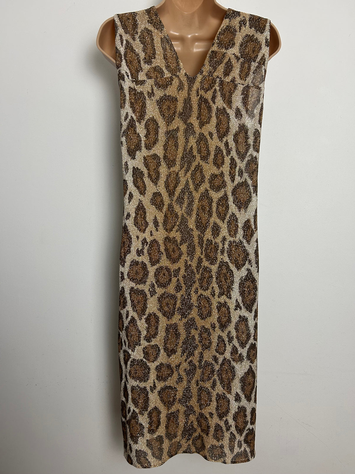 Vintage 1970s Size 12 Brown & Gold Leopard Print Lurex Sleeveless Shift Dress