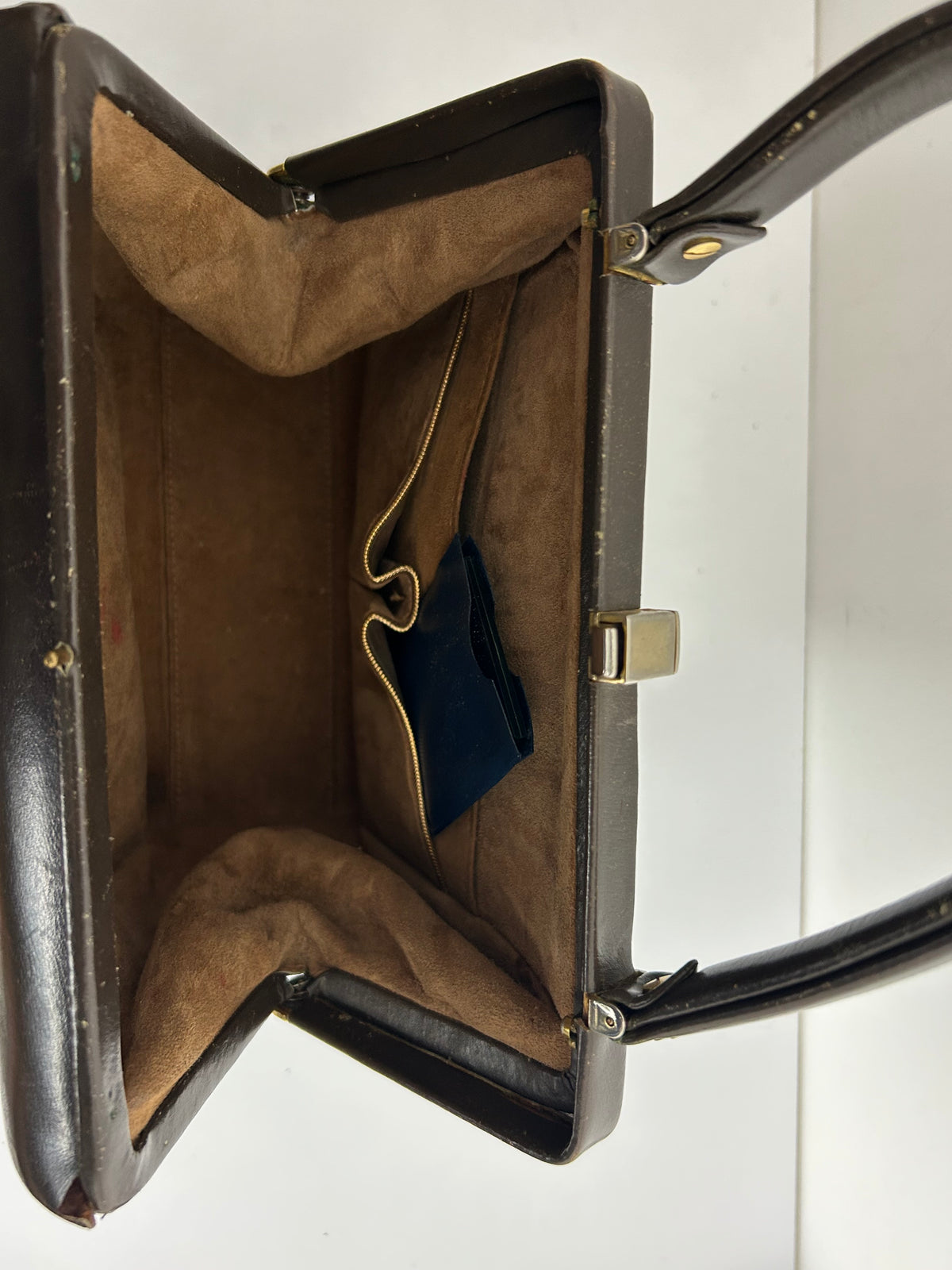 Vintage 1940s Dark Brown Leather Gladstone Style Boxy Handbag
