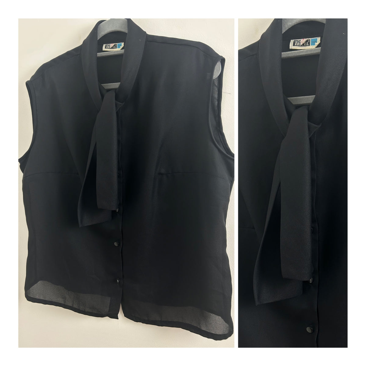 Vintage 1960s Size 16 Black Sleeveless Tie Neck Semi Sheer Blouse