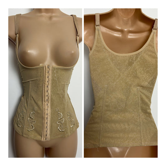 Vintage Size 12-14 Nude Embroidered Leaf Detail Waist Cincher Boned Hook & Eye Under Bust Corset