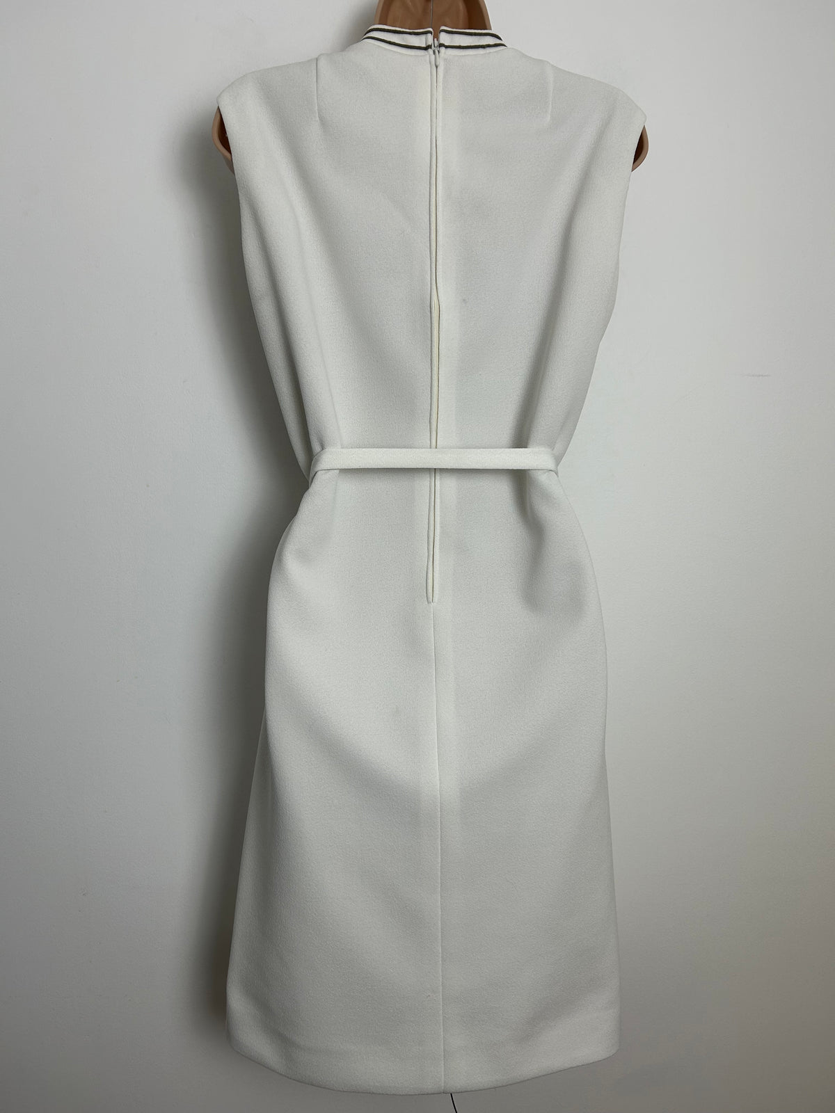 Vintage 1960s Size 12 Off White & Brown Piping Trim Sleeveless Belted Bow Tie Detail Mod Dress