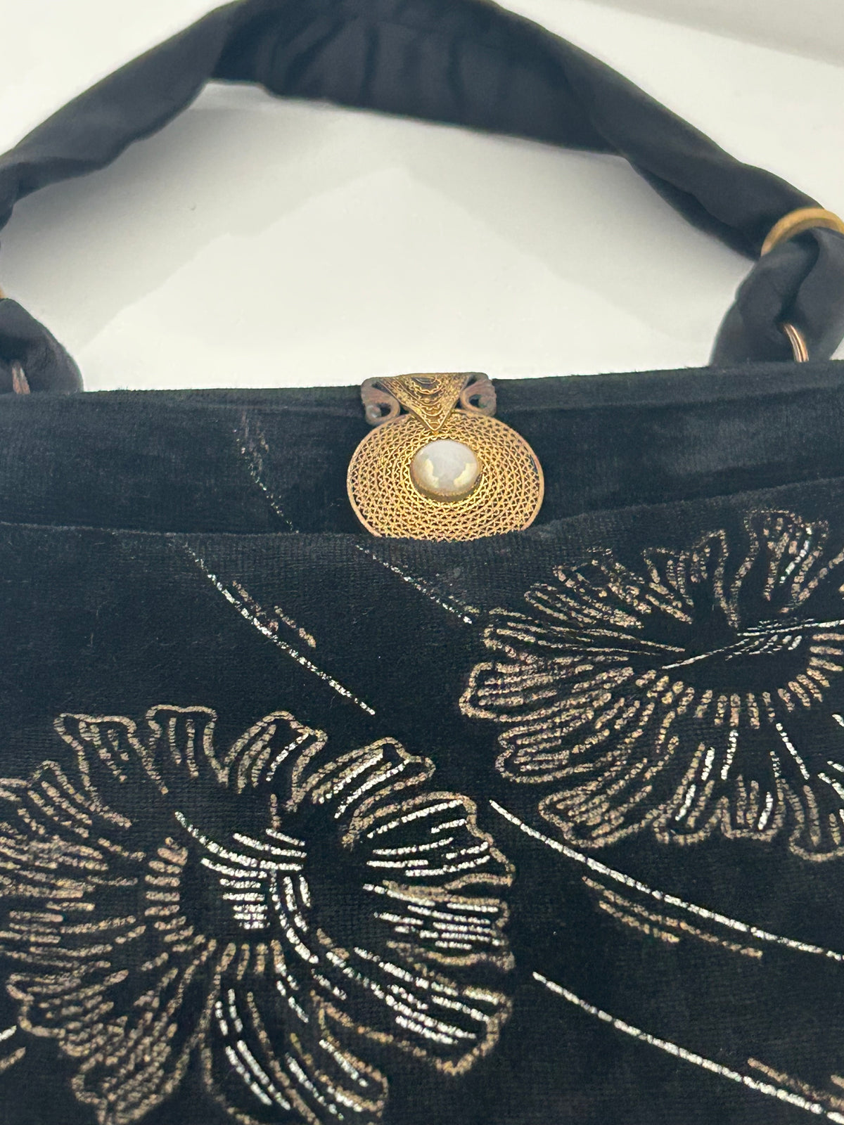 Vintage Early 1950s WALDYBAG Black Velvet Hand Painted Silver & Gold Floral Pattern Cocktail Handbag