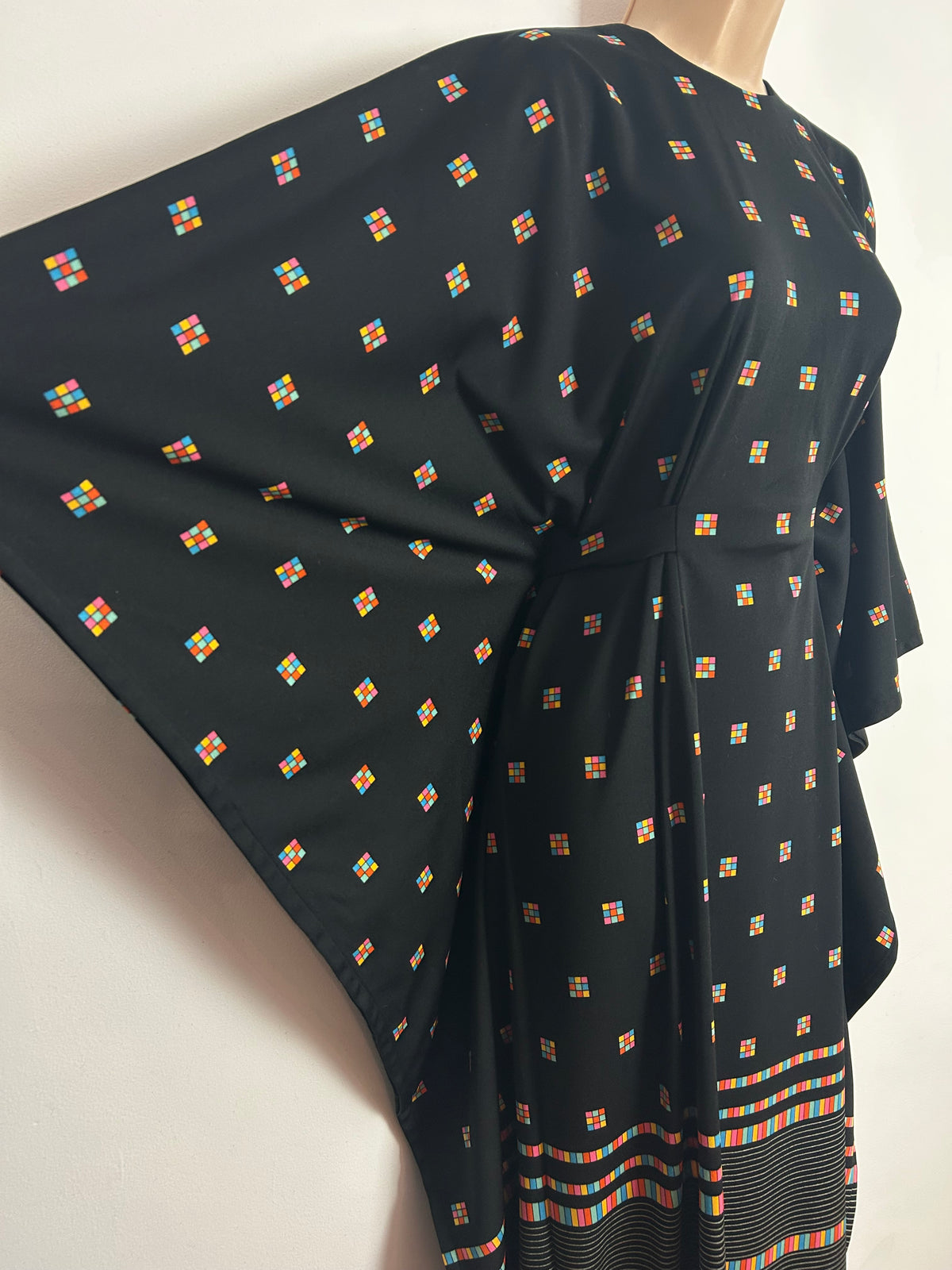 Vintage 1970s Up To Size 14 Black Multicolour Check Square Print Wide Sleeve Belted Kaftan Maxi Dress