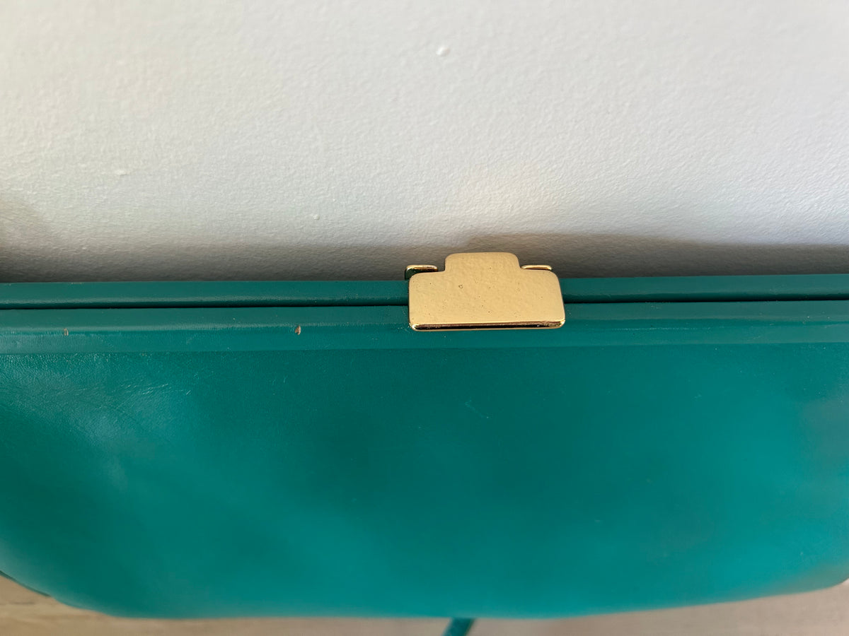 Vintage 1980s Jade Green Faux Leather Stitch Detail  Shoulder Or Clutch Bag