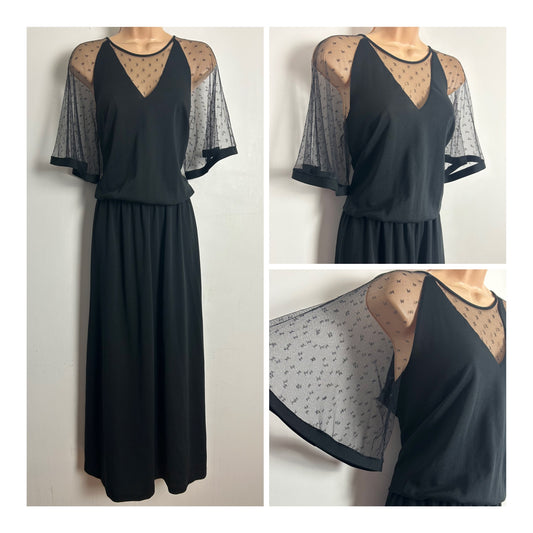 Vintage Early 1980s Size 12 Black Short Mesh Sleeveless Occasion Evening Maxi Dress