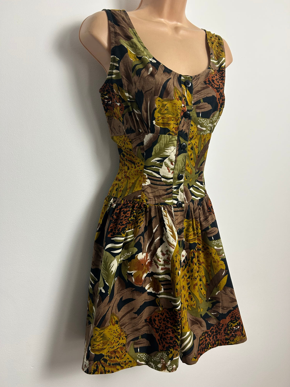 Vintage 1980s Size 10 Brown & Green Tones Jungle Print Cotton Romper/Playsuit