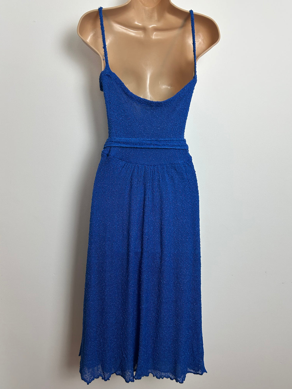 Vintage Late 1970s Size 10-12 Royal Blue Flower Buckle Strappy Summer Day Dress