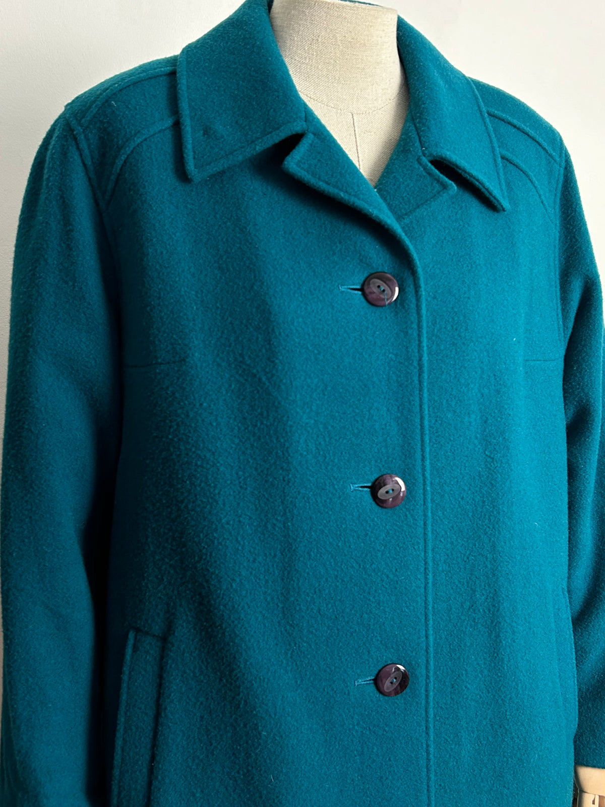 Vintage EASTEX UK Size 16 Peacock Blue Pure New Wool Lined Coat