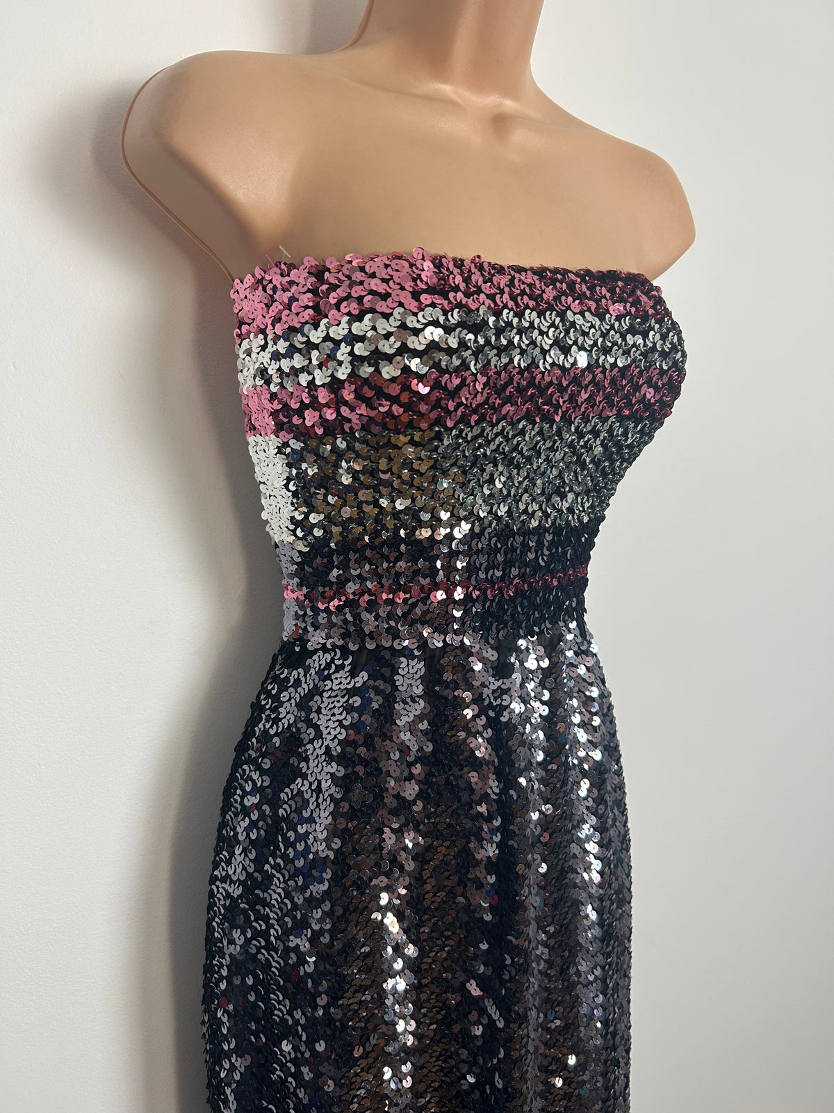 Vintage Late 1970s Up To Size 10 Black Silver Pink & Purple Sequin Strapless Evening Maxi Dress