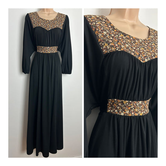 Vintage Late 1970s C&A Size 12-14 Black Brown Floral Print Tie Back Boho Maxi Dress