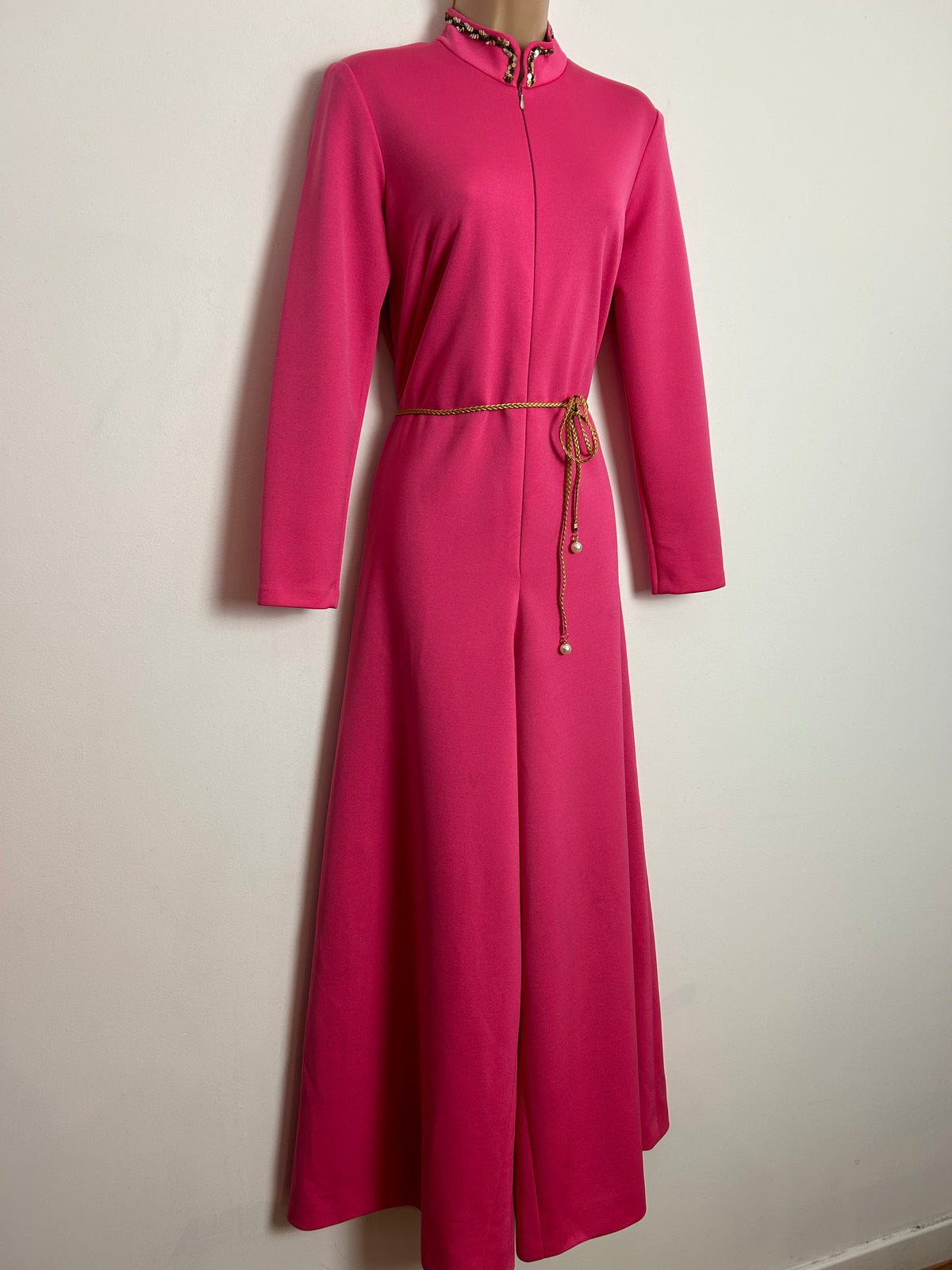 Vintage 1970s PAUL NICHOLAS UK Size 10 Candy Pink Long Sleeve Wide Leg Flared Jumpsuit