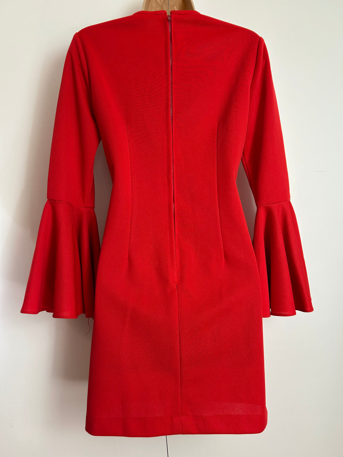 Vintage 1960s Size 8 Red Long Flared Trumpet Sleeve Mini Mod Shift Dress