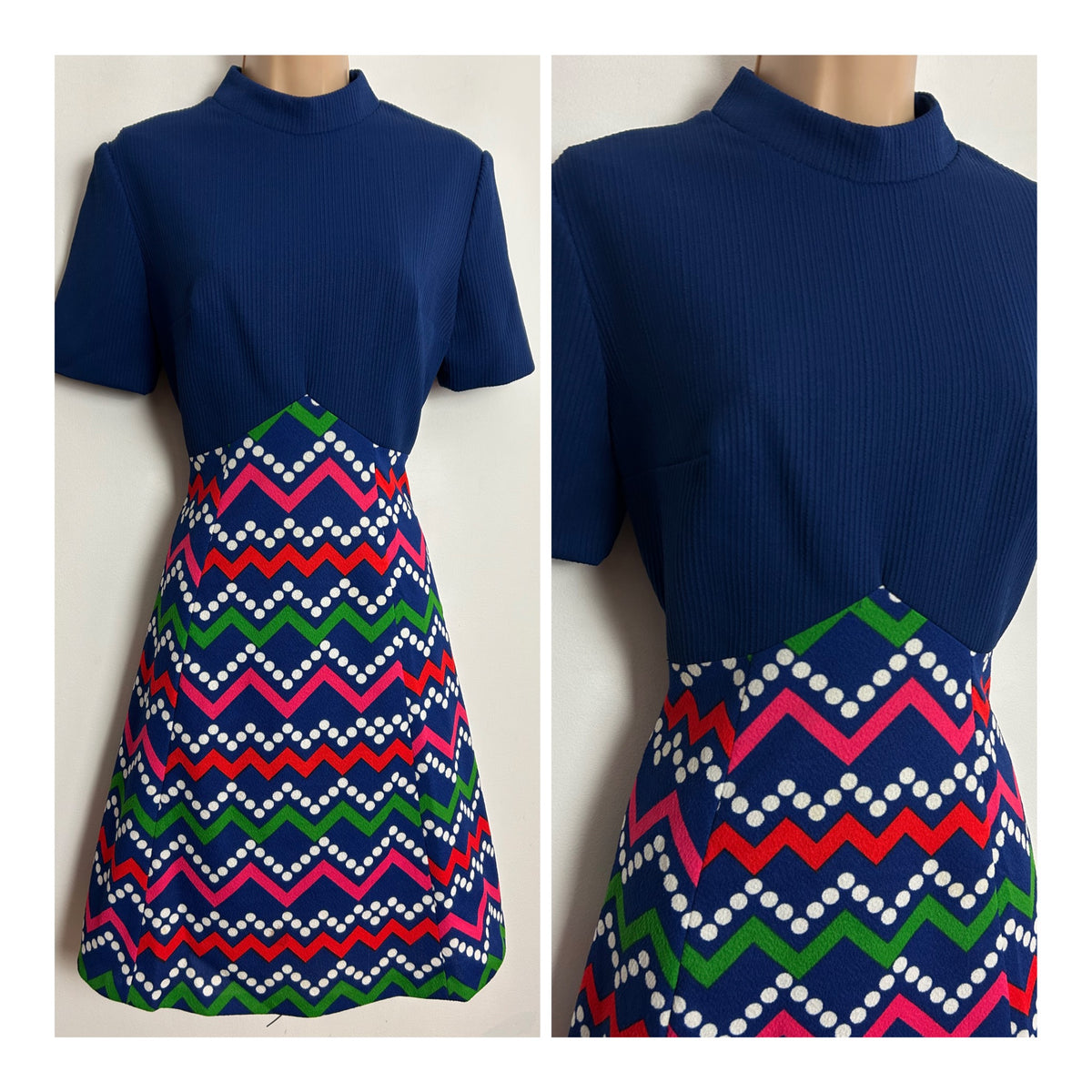 Vintage 1960s UK Size 10 Navy Blue Pink Red Green & White Zig Zag Stripe & Spot Print Mod Dress