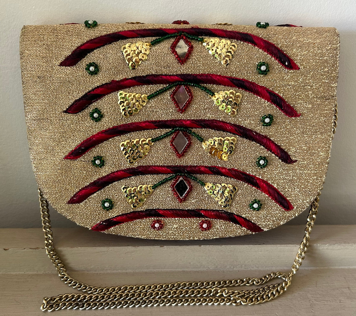 Vintage 1970s REGAL Small Red & Metallic Gold Mirror Sequin Bead & Embroidered Detail Shoulder Bag