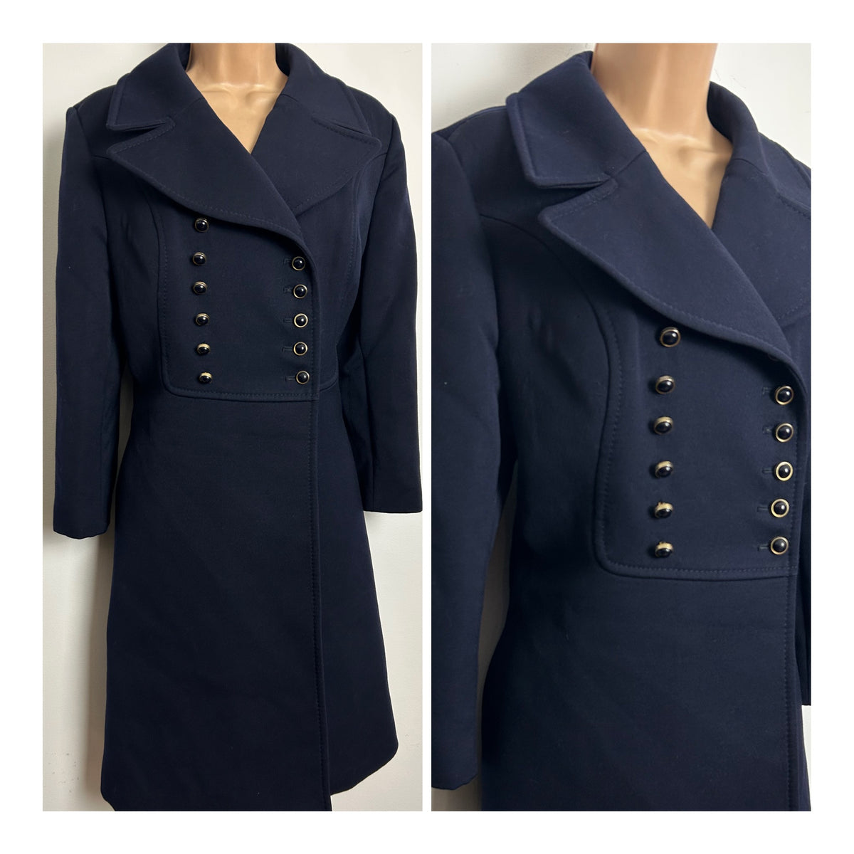 Vintage 1970s KEMPER Size 12 Navy Blue Pure New Wool Double Breasted Military 3/4 SleeveStyle Pea Coat