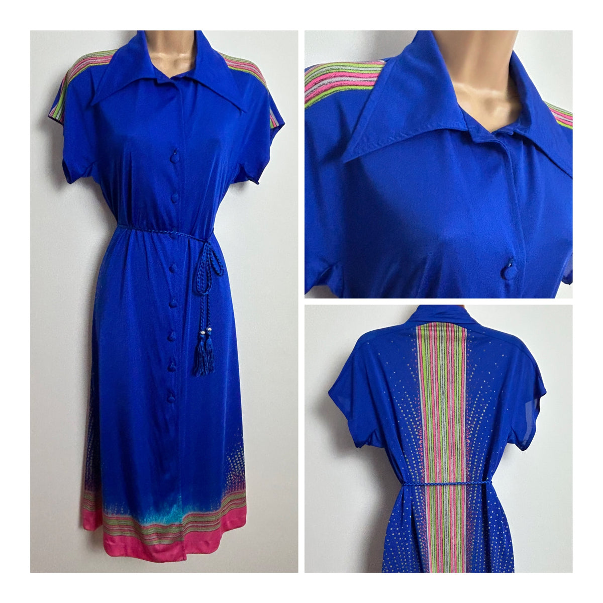 Vintage 1970s Super Rare PRINCESS RASPANTI Size 12-14 Blue Pink & Green Print Dagger Collar Belted Dress