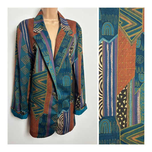 Vintage 1980s TONI GARMENT FOR C.C.MAGIC Size 12 Oversized Wool Mix Teal Brown & Rust Abstract Print Blazer