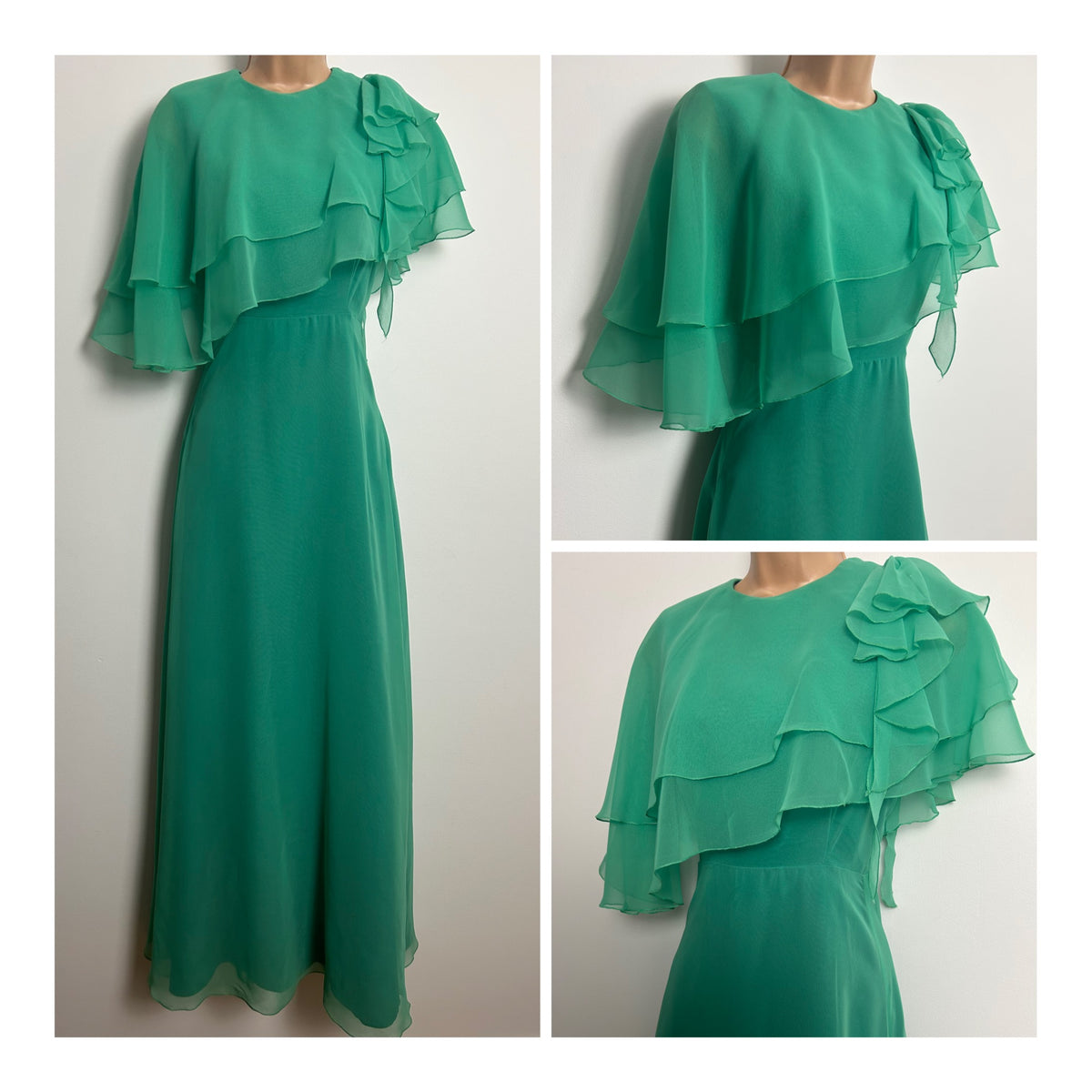 Vintage 1970s JOHN CHARLES Size 8-10 Jade Green Chiffon Layered Bodice Boho Occasion Maxi Dress