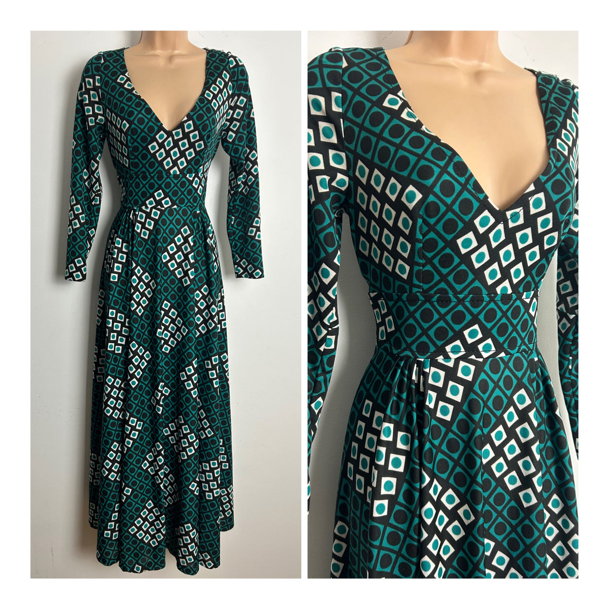 Vintage 1970s LEROSE Size 8 Black Teal & White Diamond & Spot Print Long Sleeve Maxi Dress