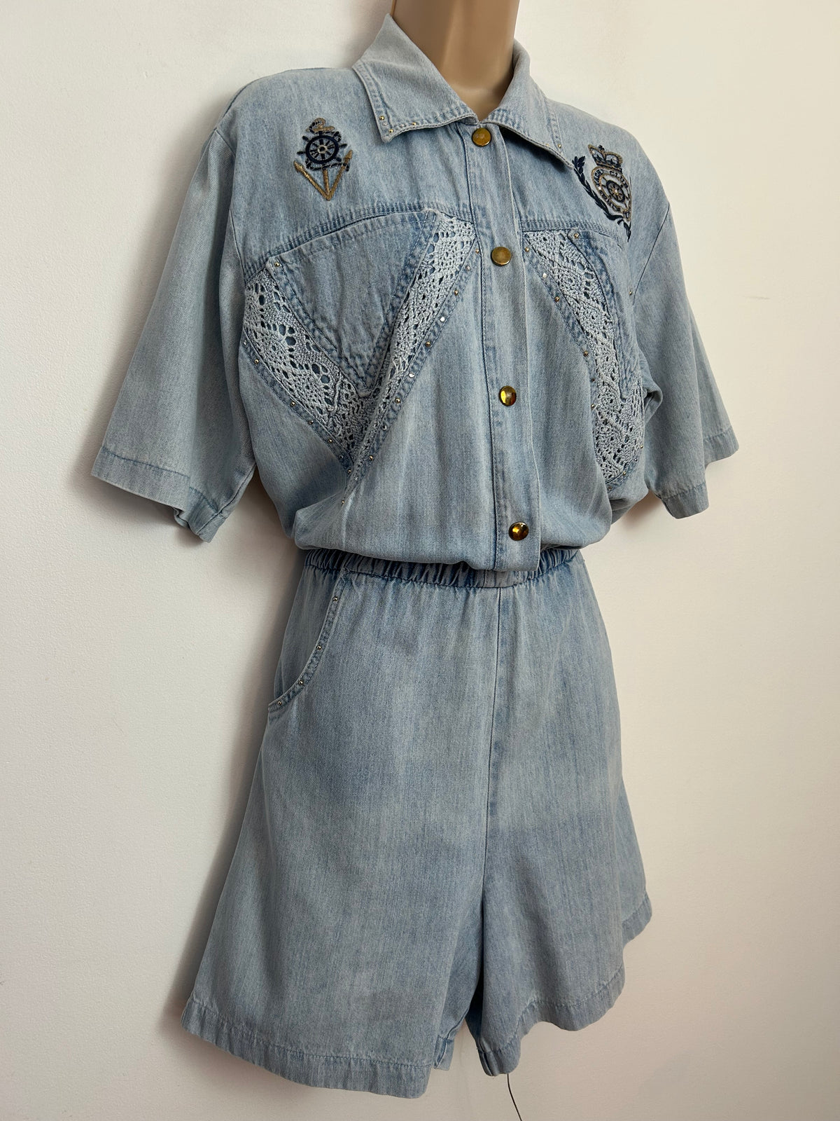 Vintage 1980s RARE ST DENIS Size 12 Pale Stonewash Denim Nautical Applique Detail Playsuit