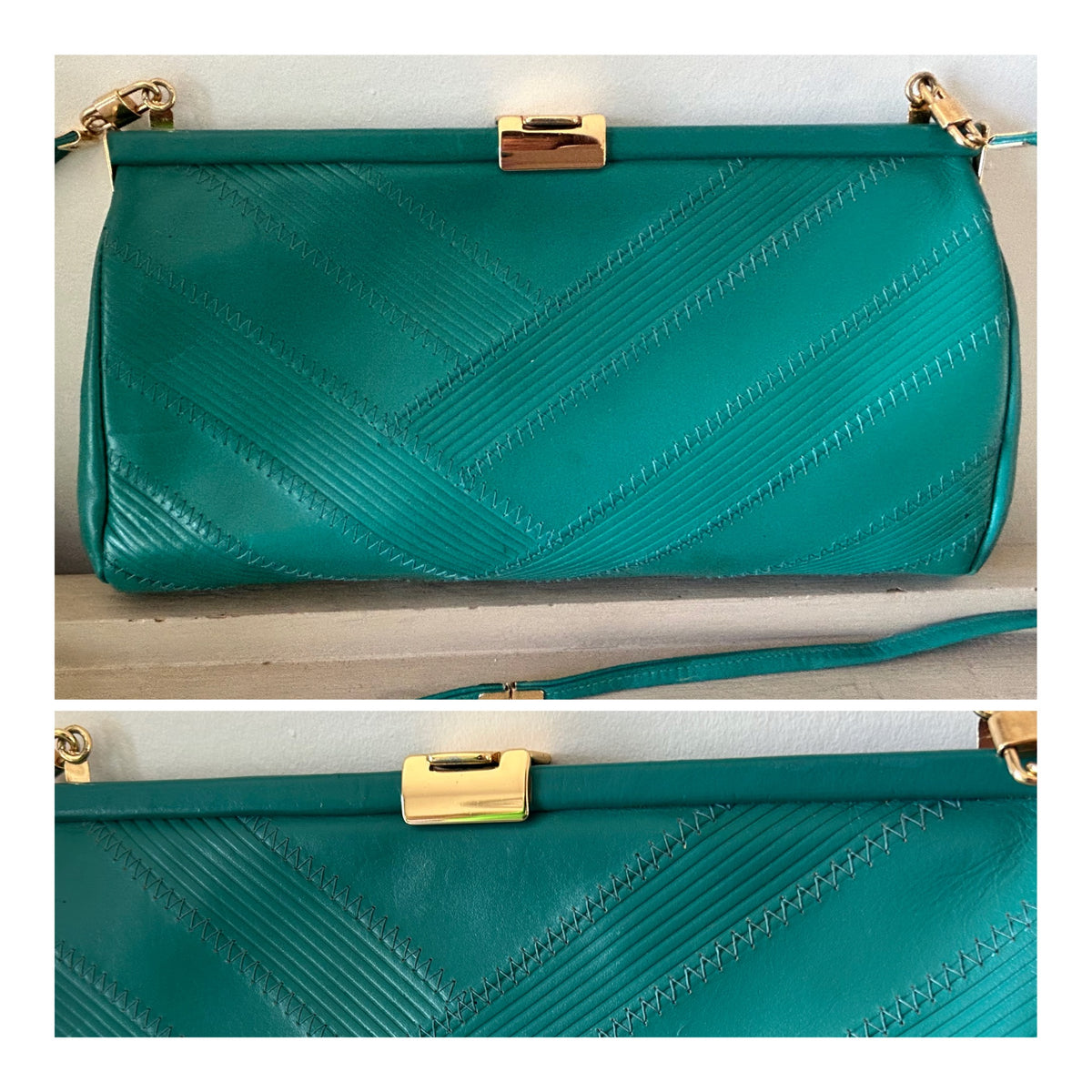 Vintage 1980s Jade Green Faux Leather Stitch Detail  Shoulder Or Clutch Bag