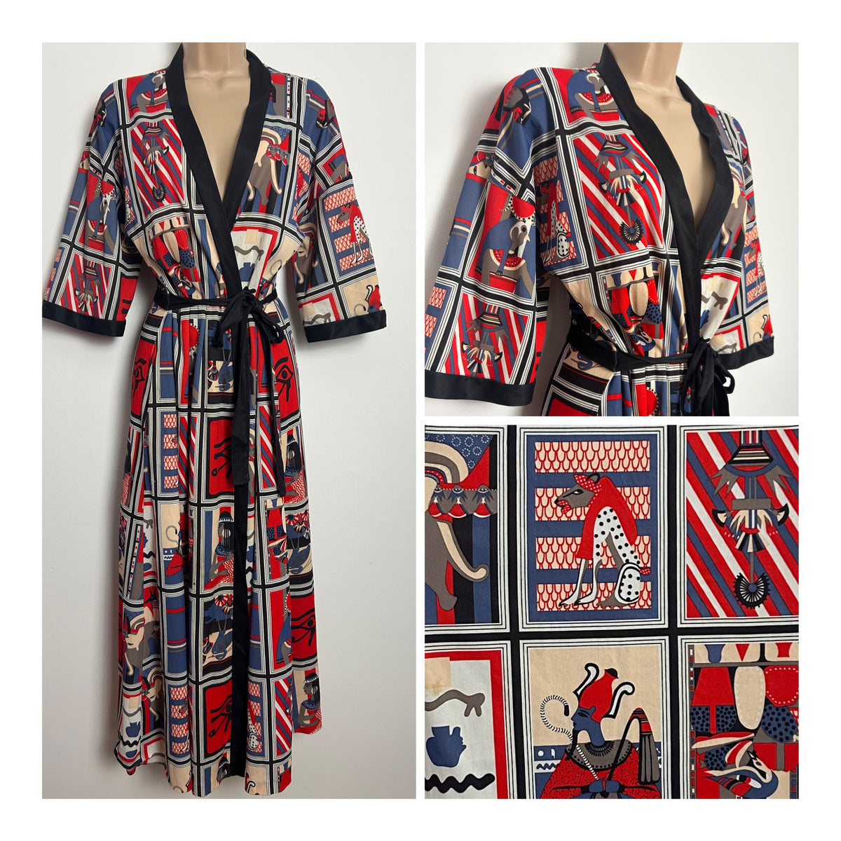 Vintage 1980s Size 10-12 Blue Red & Beige Egyptian Revival Novelty Print Wrap Style Midi Dress