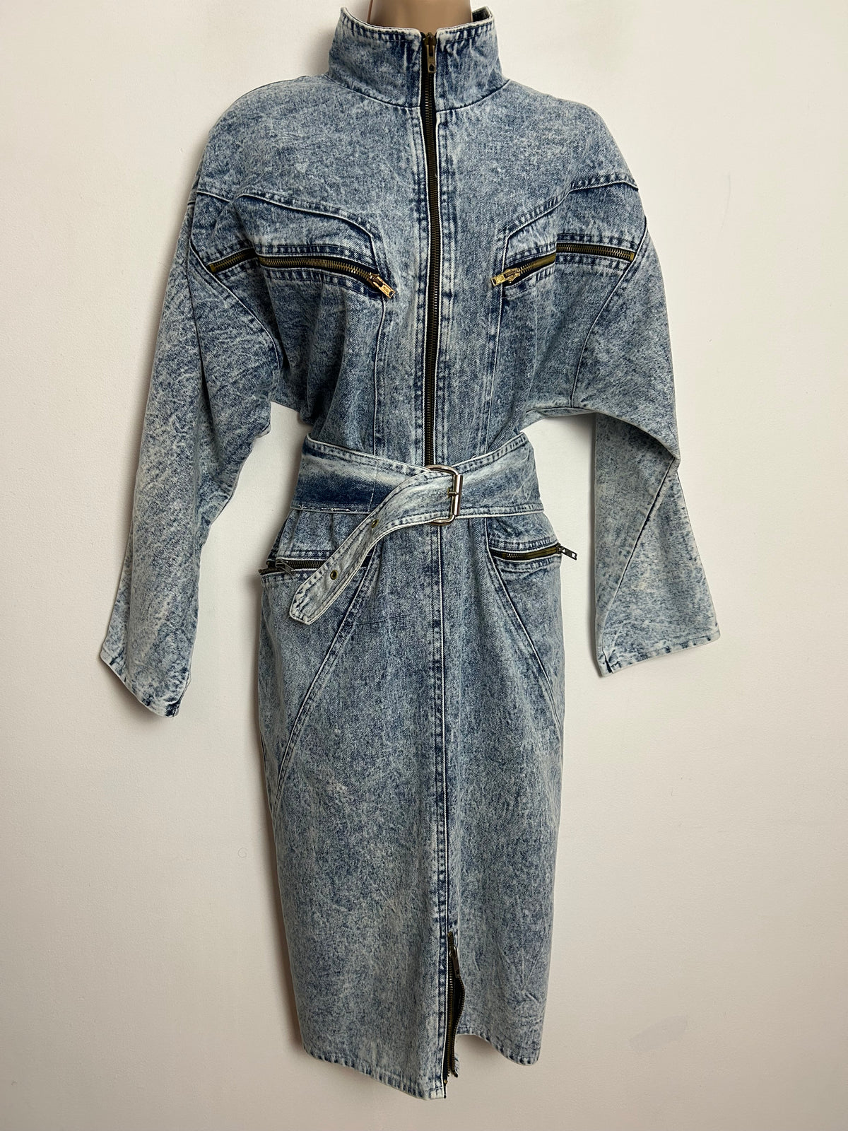 Vintage 1980s RARE ST DENIS UK Size 12 Acid Wash Blouson Style Zip Pocket Belted Deni Dress