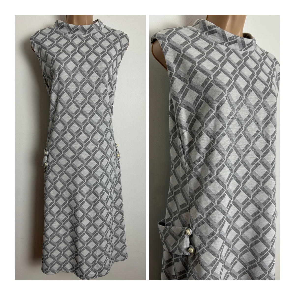Vintage 1960s PHILIP KUNICK Size 16 Silver & White Op Art Cube Print Mod Shift Dress