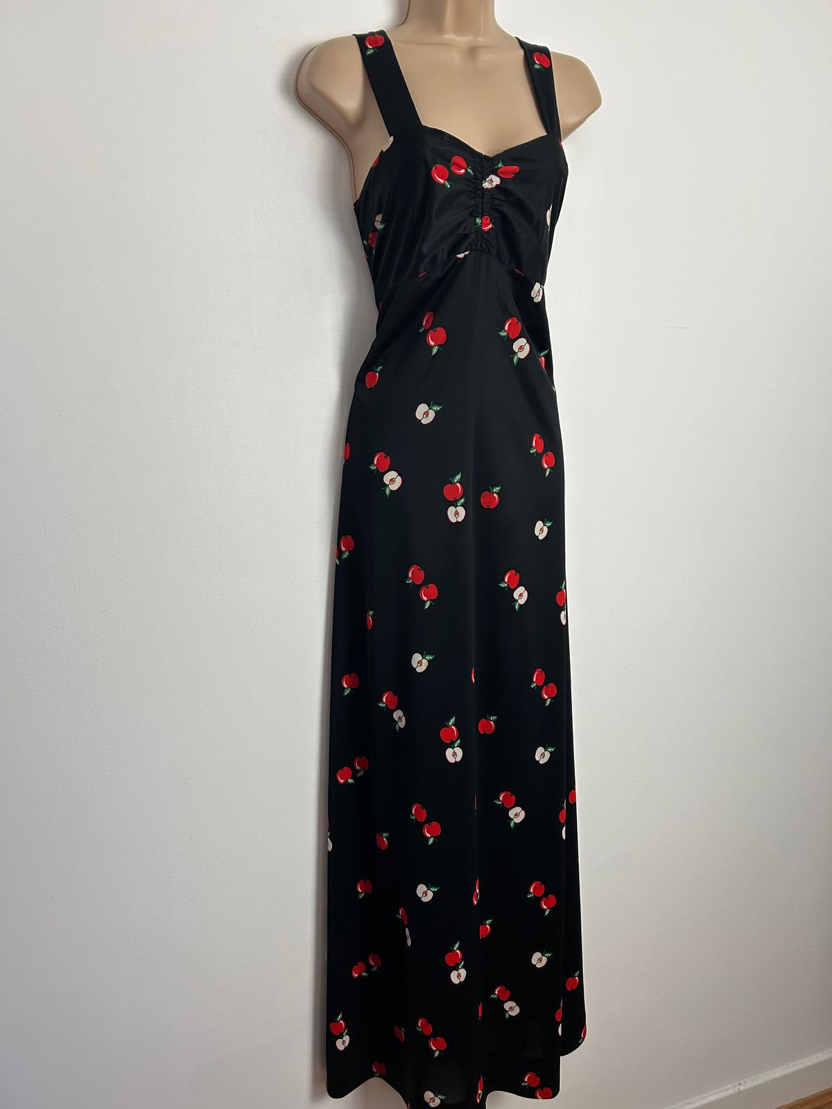 Vintage 1970s Size 10 Cute Black & Red Apple Print Strappy Maxi Dress