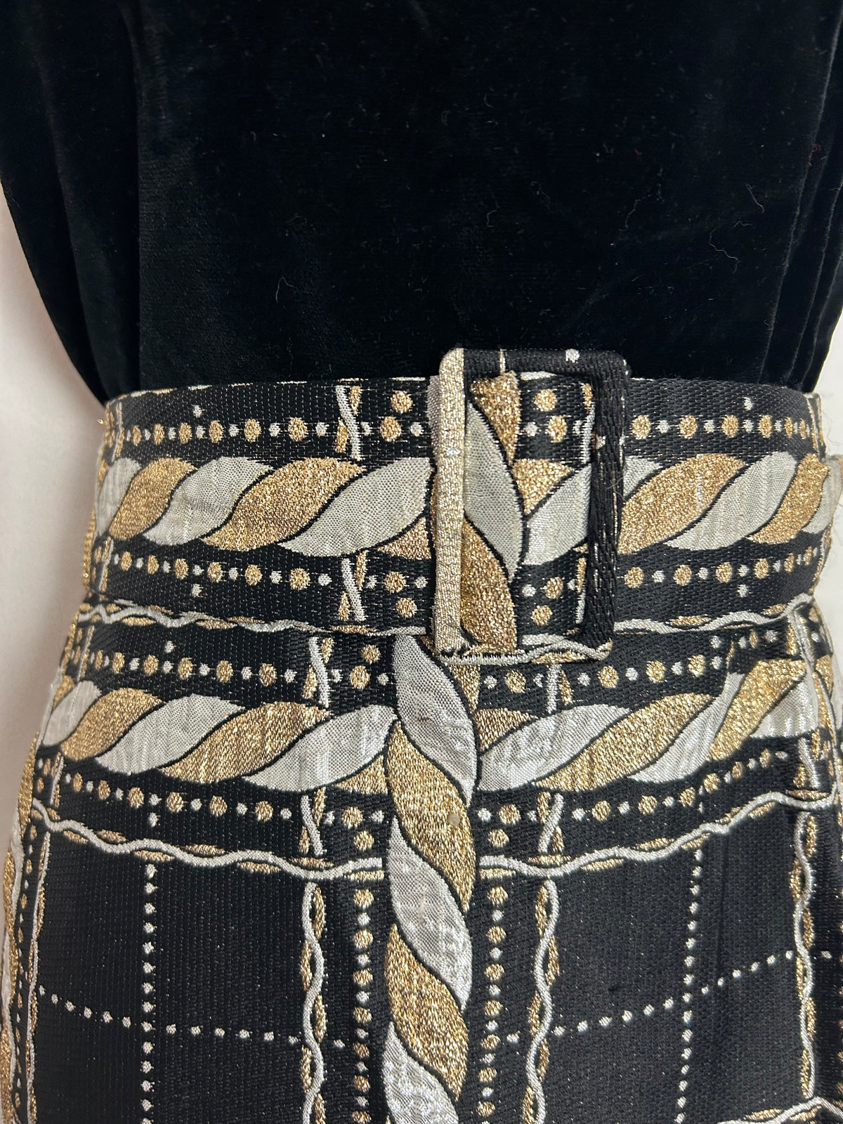 Vintage 1960s UK Size 8 Black Gold & Silver Velvet & Metallic Brocade Check Pattern Sleeveless Belted Occasion Evening Maxi Dress
