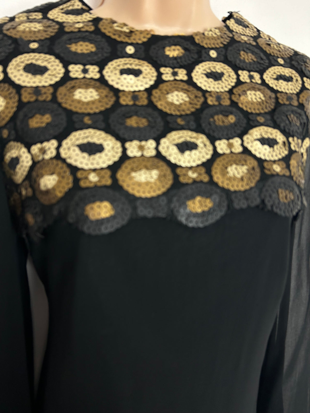 Vintage 1960s FRANK USHER UK Size 10 Black Chiffon Occasion Maxi Dress With Gold Bronze & Pewter Sequin Detailing