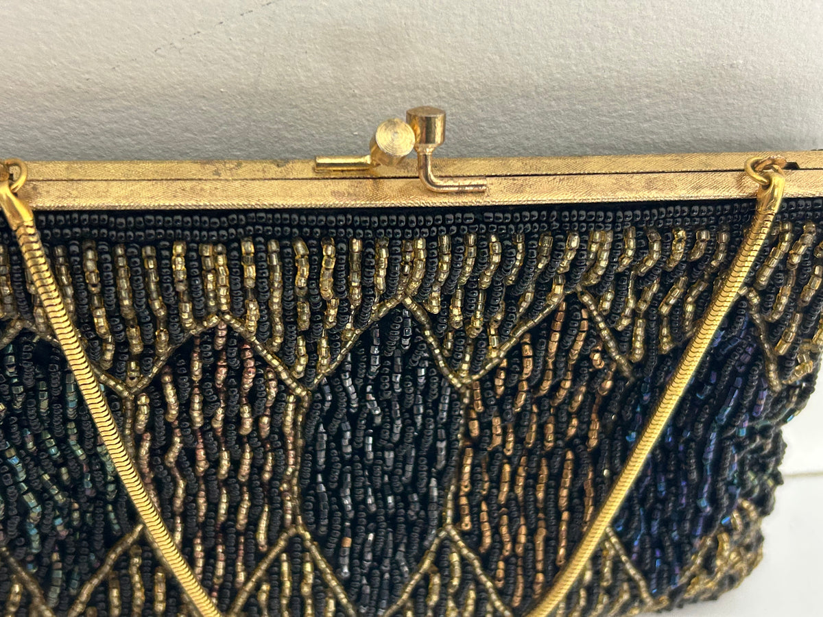 Vintage 1960s Handmade In Hong Kong Small Beaded Evening Bag With Snake Chain Handle