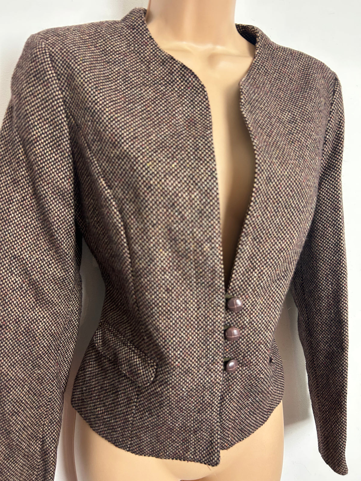 Vintage 1980s PLUM TREE CANADA Size 10 Brown Tweed Wool Mix Collarless Blazer