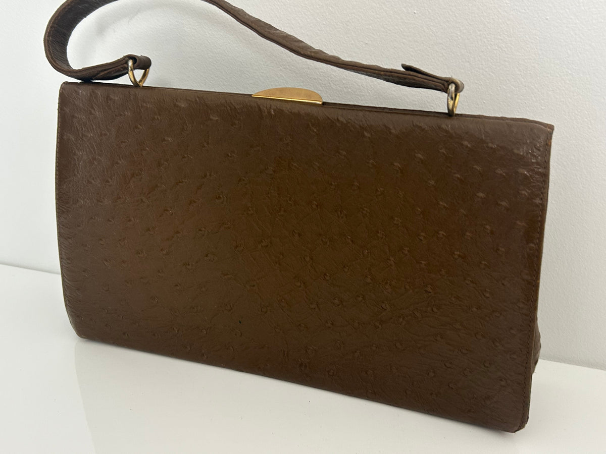 Vintage 1960s Large Brown Leather Ostrich Embossed Kelly Style Handbag