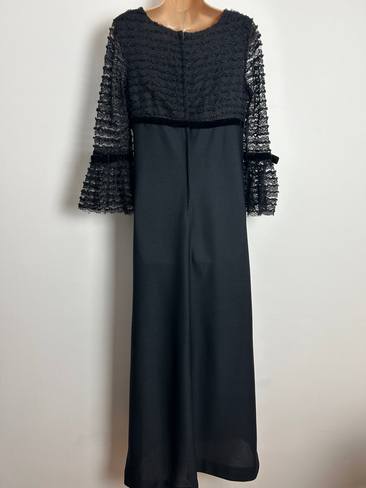 Vintage Late 1960s CHARMONT OF LONDON UK Size 10 Black Lace Bodice Empire Line Boho Occasion Maxi Dress