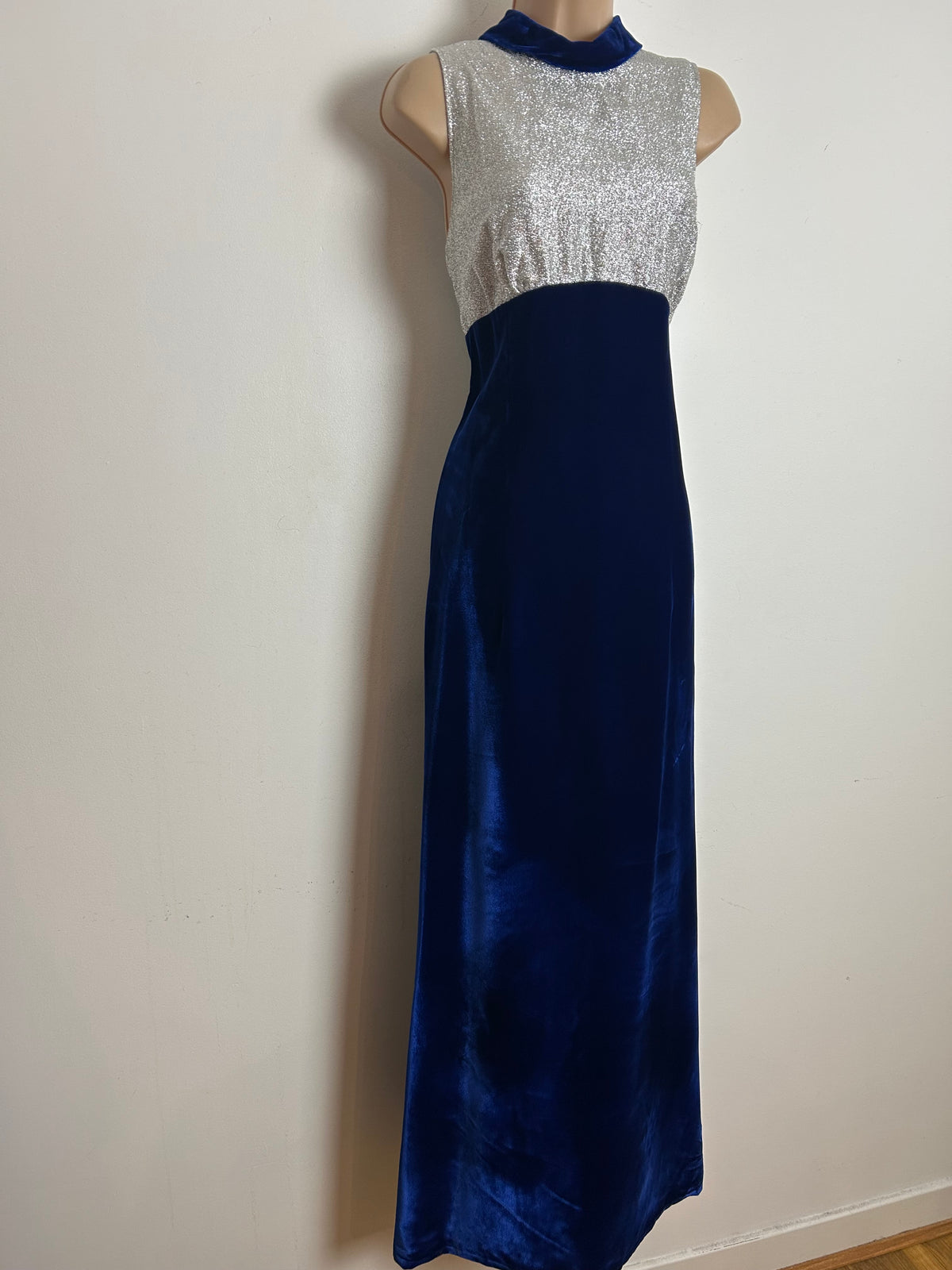 Vintage 1960s MURIEL SPENCER Size 10 Midnight Blue & Silver Lurex Occasion Evening Maxi Dress