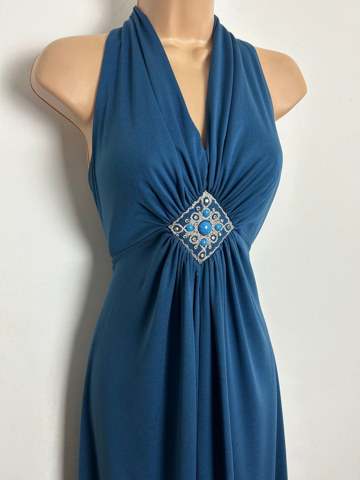Vintage 1970s Size 8  Dusky Blue Braid Diamante & Bead Applique Detail Evening Maxi Dress