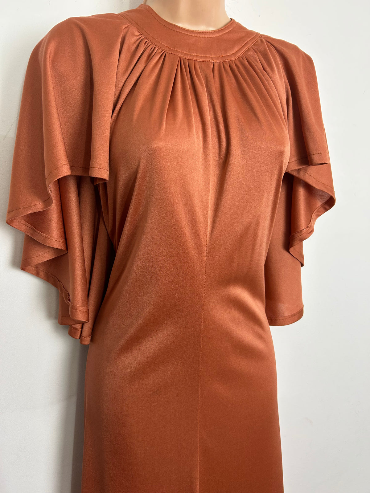 Vintage 1970s Size 10 Terracotta Cape Sleeve Crimplene Maxi Dress